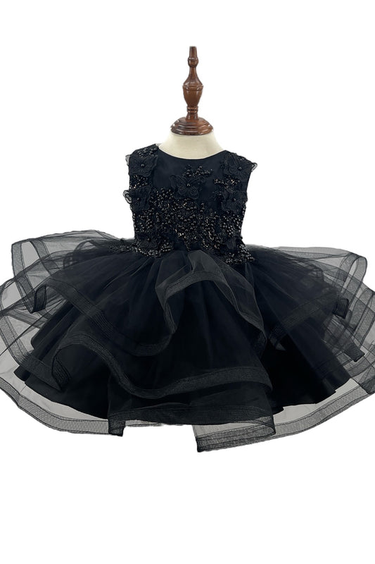 Black BabyToddler Butterfly Pearl Multi-layered Tulle 1st Birthday Party Dress - front view of dress