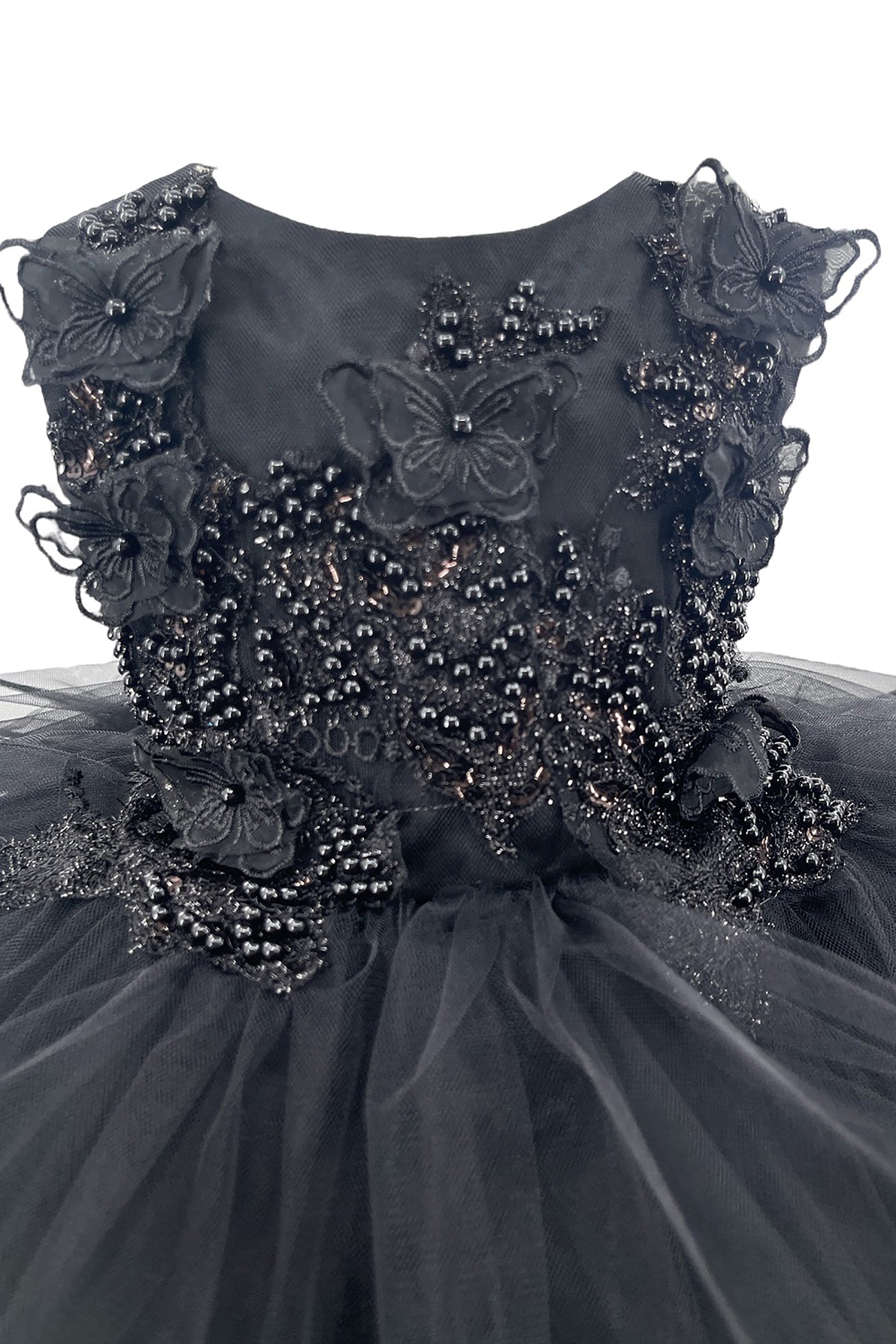 Black BabyToddler Butterfly Pearl Multi-layered Tulle 1st Birthday Party Dress - zoomed in view of dress