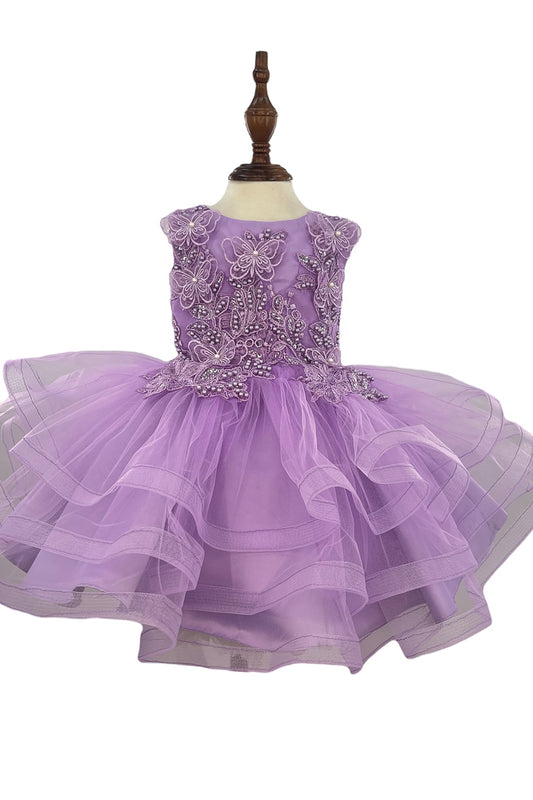 Lilac BabyToddler Butterfly Pearl Multi-layered Tulle 1st Birthday Party Dress - front view of dress