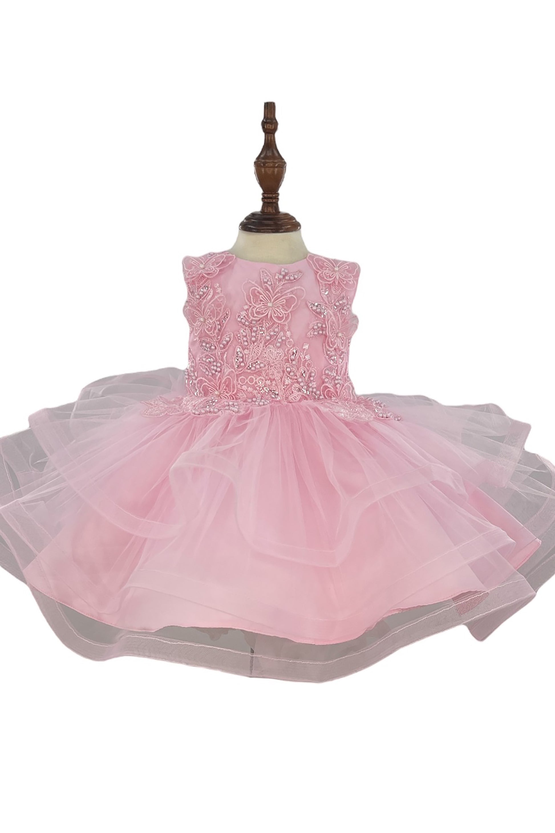 Pink BabyToddler Butterfly Pearl Multi-layered Tulle 1st Birthday Party Dress - front view of dress