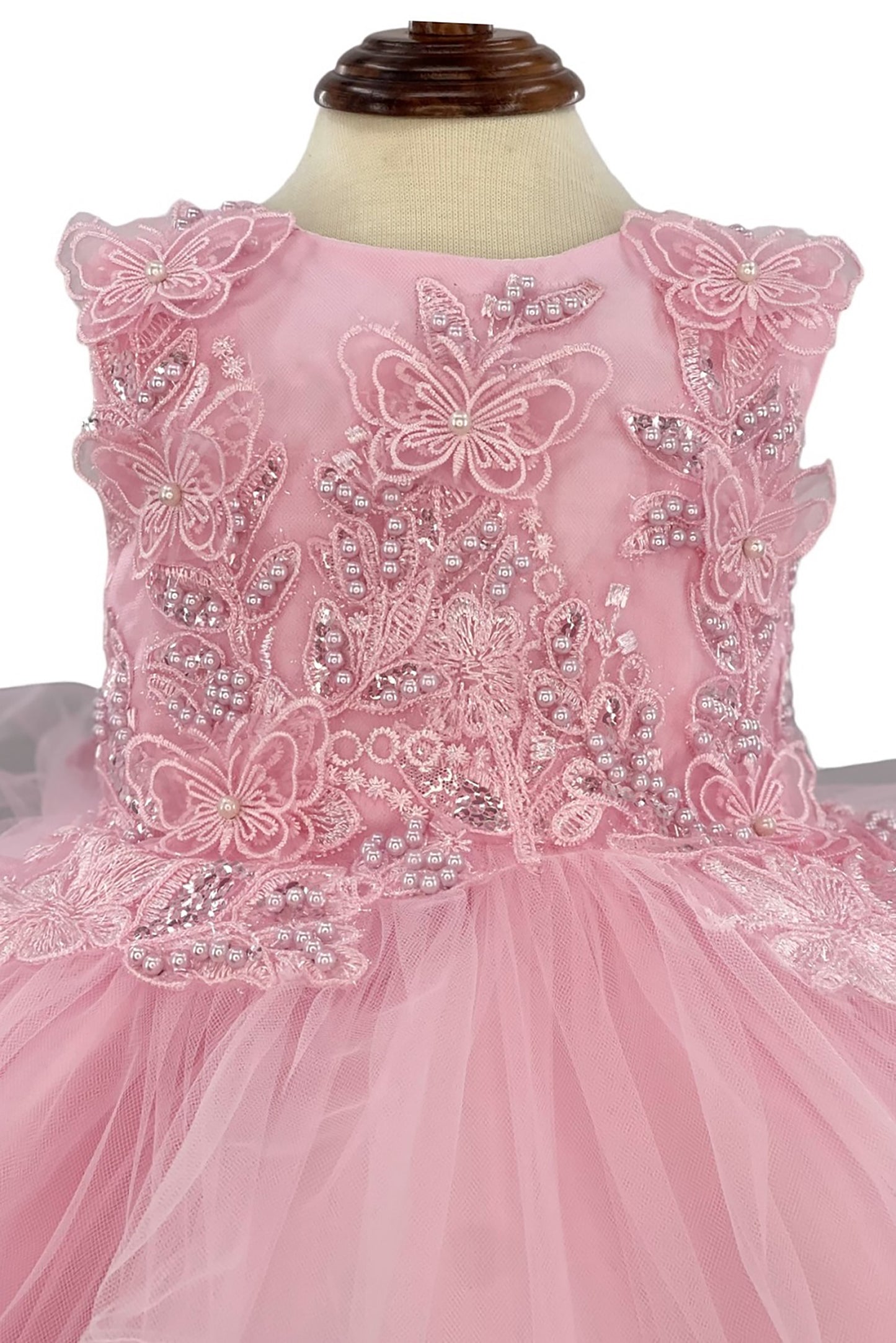 Pink BabyToddler Butterfly Pearl Multi-layered Tulle 1st Birthday Party Dress - zoomed in front view of dress