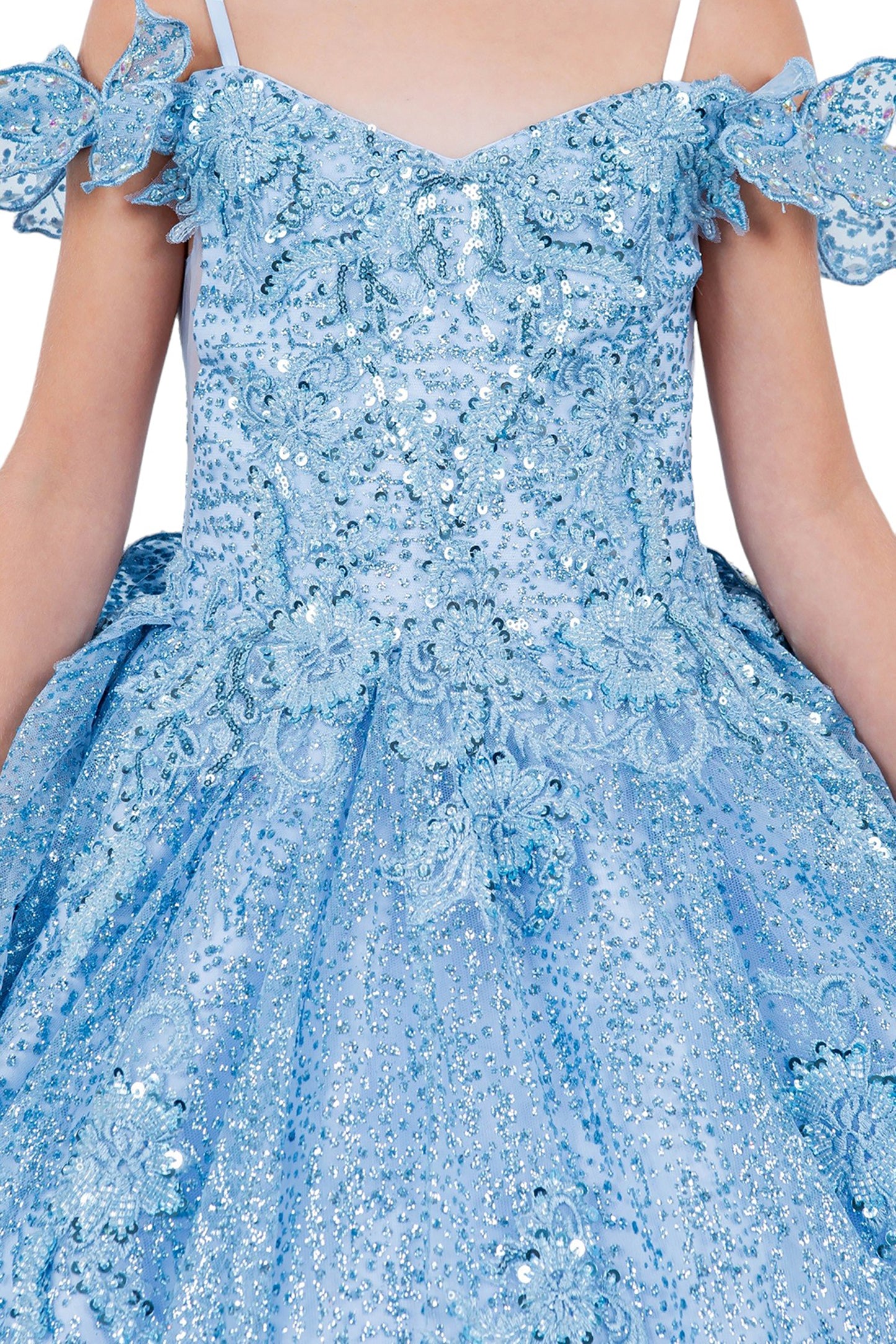 Mini Quince | Blue Butterfly Crafted Lace, Beaded and Floral Applique bodice Layered Tulle with Removable Tiered Train Mini Quinceanera 3 Anos Ballgown | Martina dress front zoom