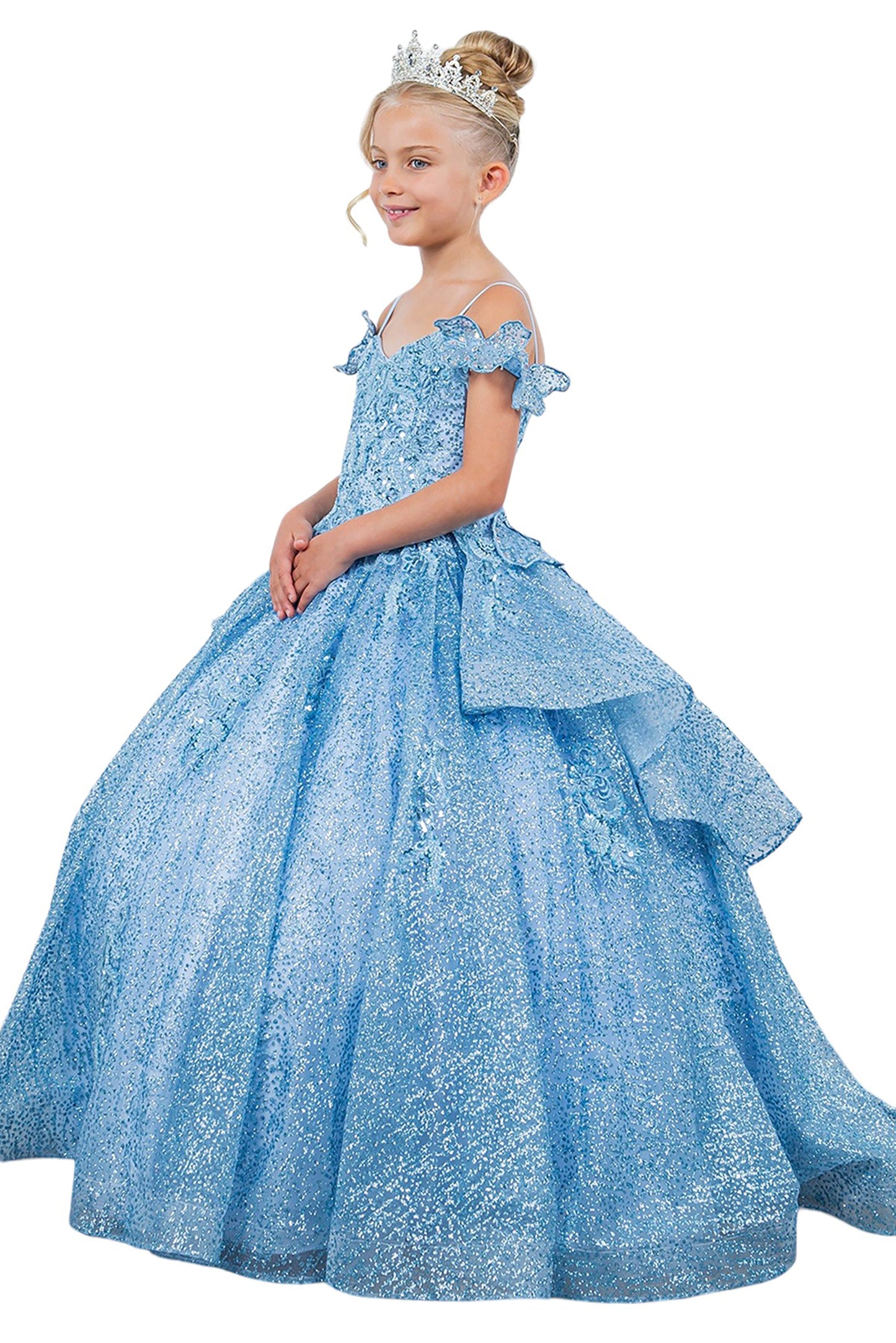 Mini Quince | Blue Butterfly Crafted Lace, Beaded and Floral Applique bodice Layered Tulle with Removable Tiered Train Mini Quinceanera 3 Anos Ballgown | Martina dress side view