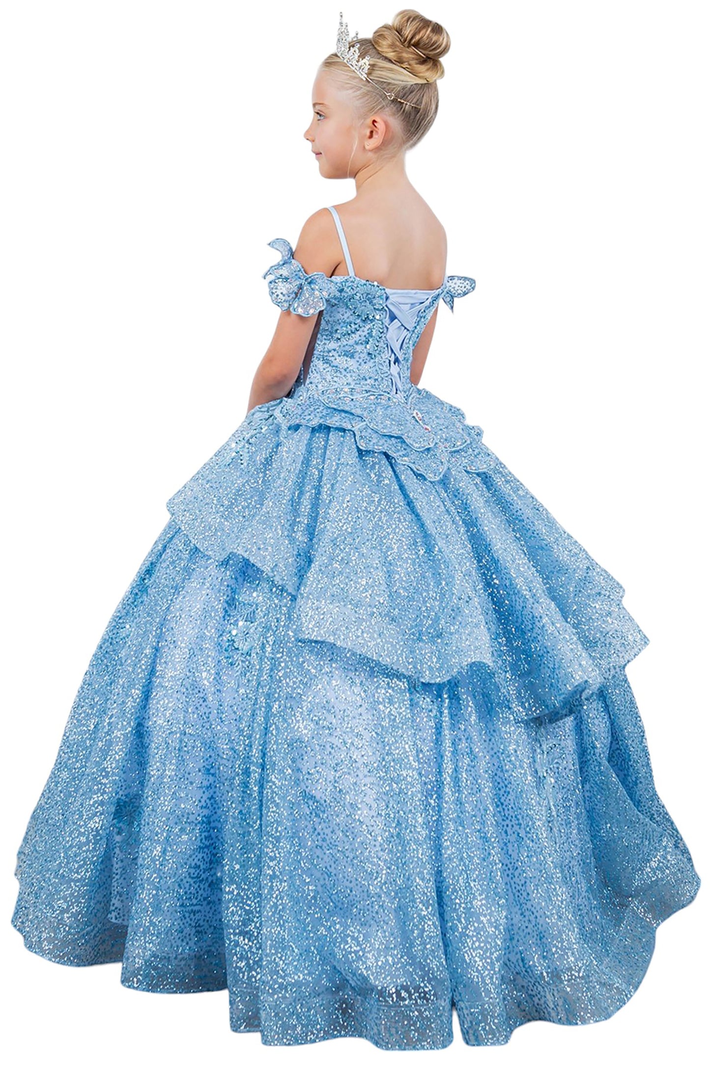 Mini Quince | Blue Butterfly Crafted Lace, Beaded and Floral Applique bodice Layered Tulle with Removable Tiered Train Mini Quinceanera 3 Anos Ballgown | Martina dress back side