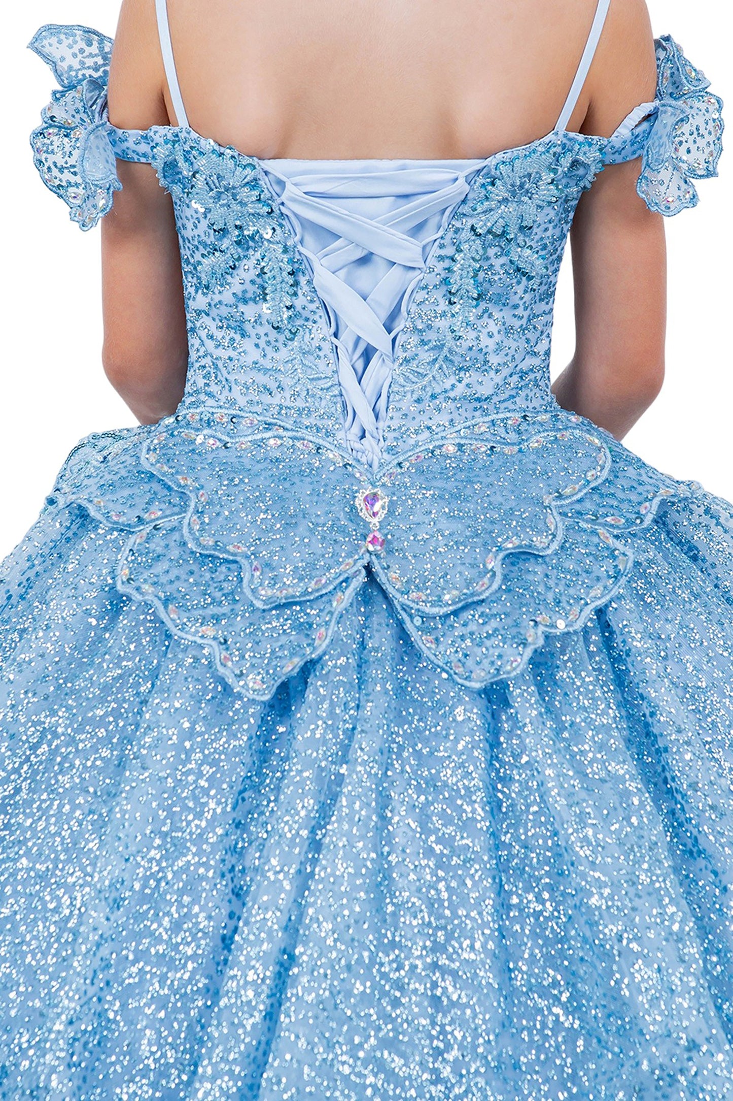 Mini Quince | Blue Butterfly Crafted Lace, Beaded and Floral Applique bodice Layered Tulle with Removable Tiered Train Mini Quinceanera 3 Anos Ballgown | Martina dress back zoom