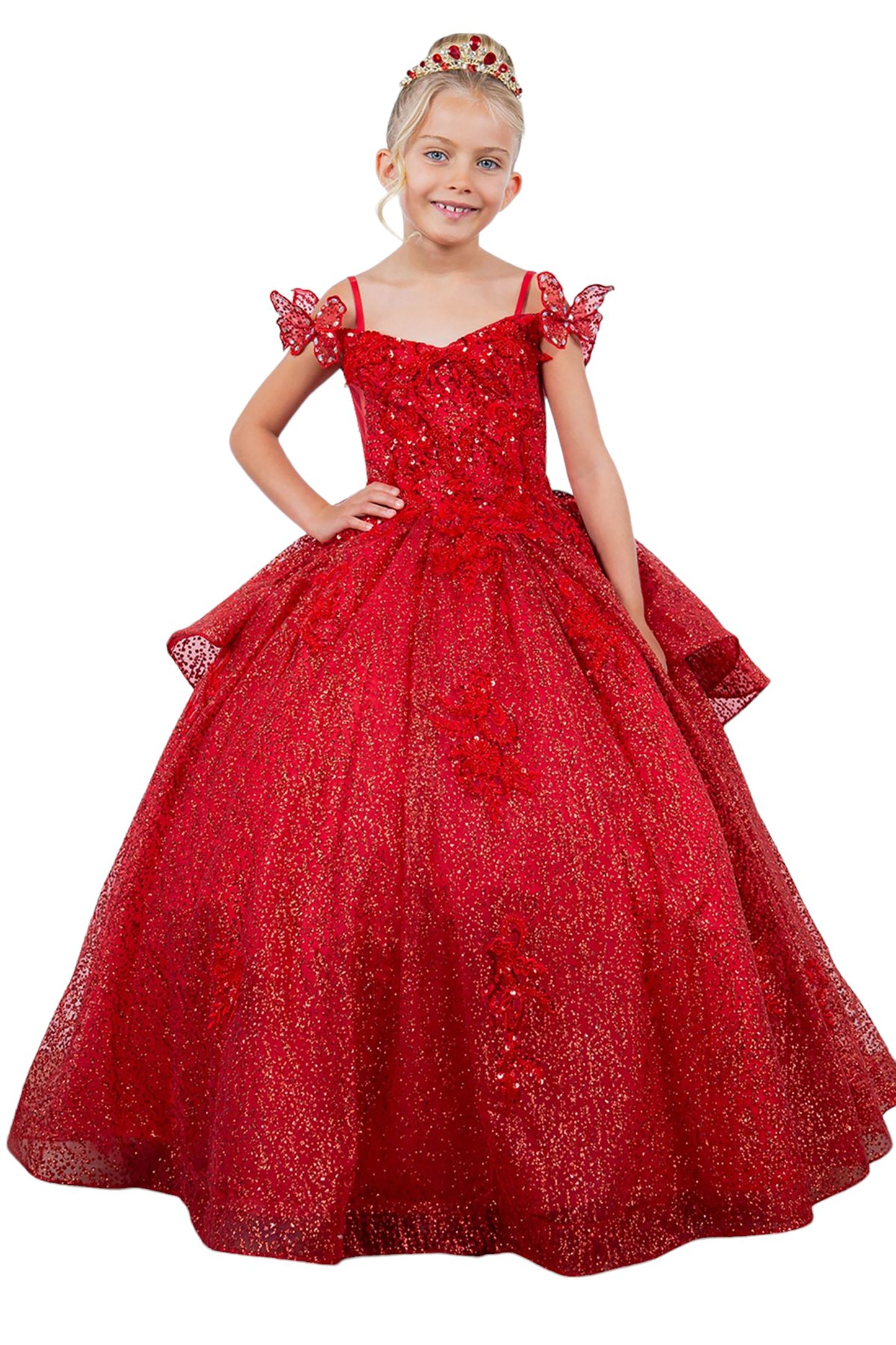 Mini Quince | Red Butterfly Crafted Lace, Beaded and Floral Applique bodice Layered Tulle with Removable Tiered Train Mini Quinceanera 3 Anos Ballgown | Martina dress