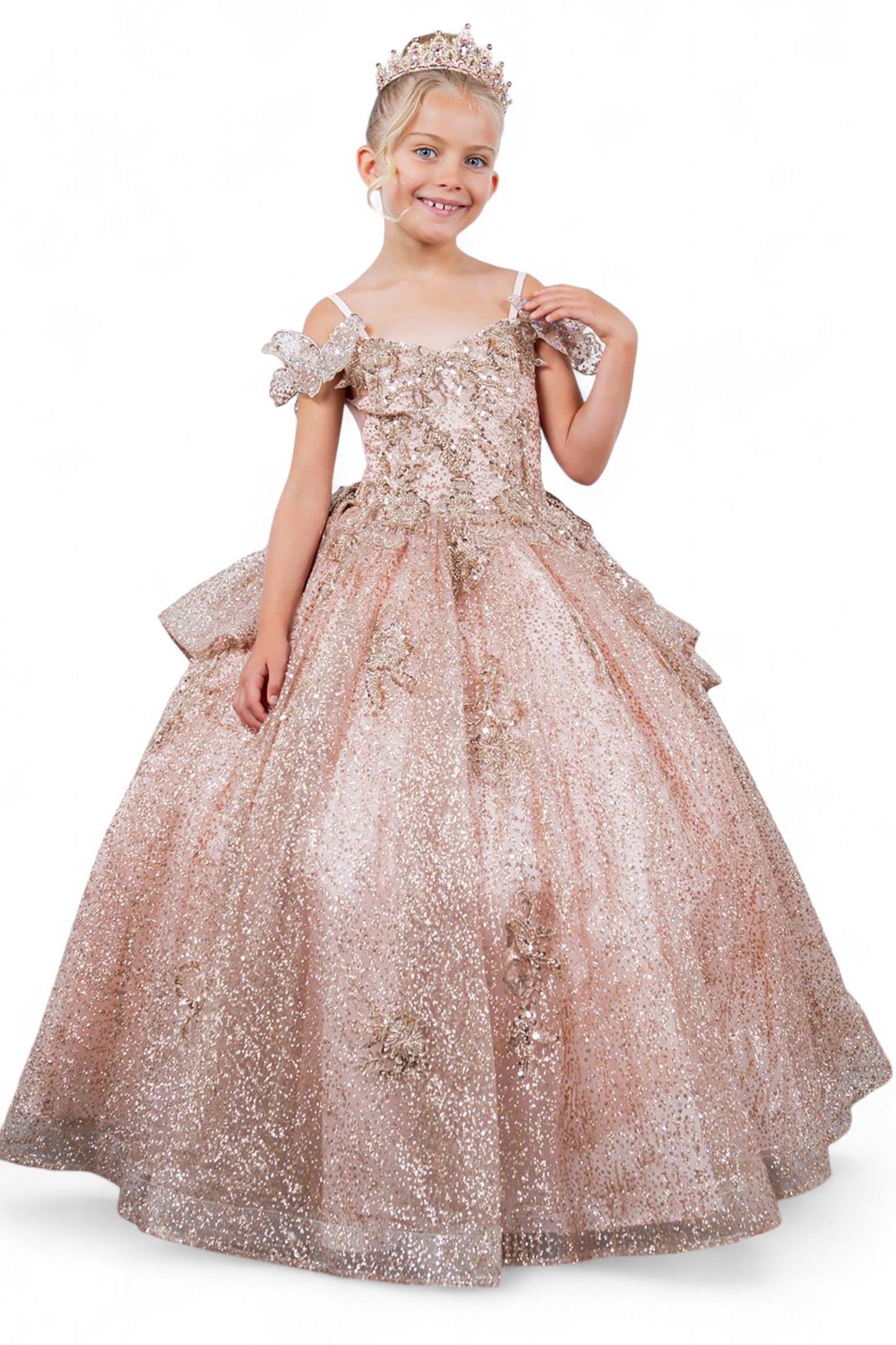 Mini Quince | Rose gold Butterfly Crafted Lace, Beaded and Floral Applique bodice Layered Tulle with Removable Tiered Train Mini Quinceanera 3 Anos Ballgown | Martina dress