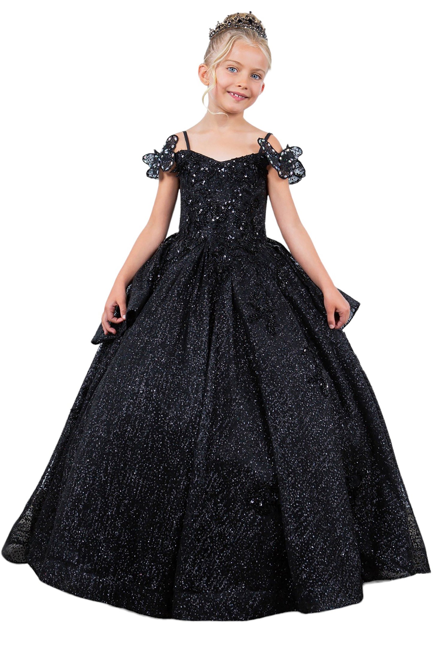 Mini Quince | Black Butterfly Crafted Lace, Beaded and Floral Applique bodice Layered Tulle with Removable Tiered Train Mini Quinceanera 3 Anos Ballgown | Martina dress front view