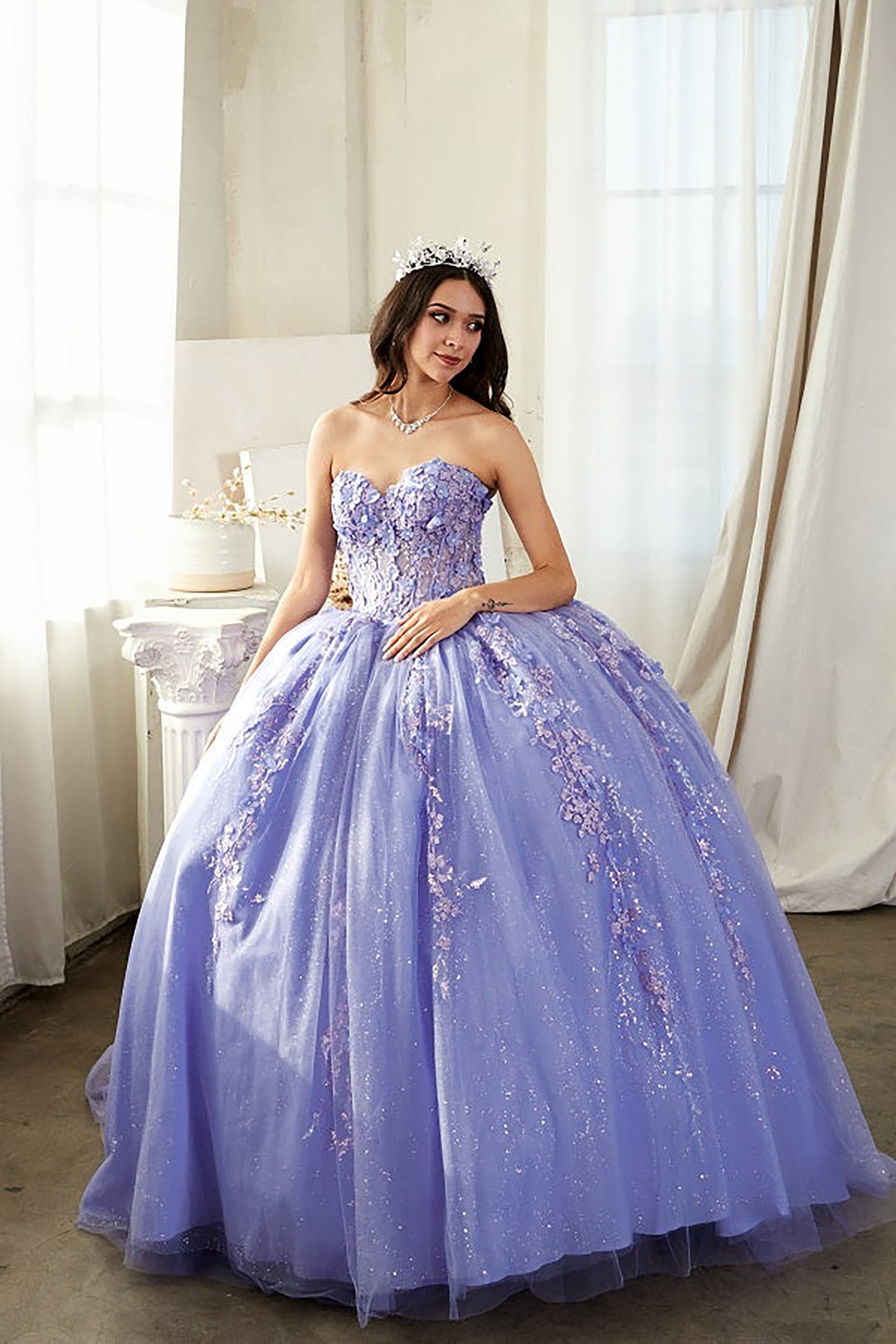 Quinceanera | Lilac Elegant Glitter Tulle Quinceañera Dress with 3D Flowers | Teresa dress | 2 Colors Available front view