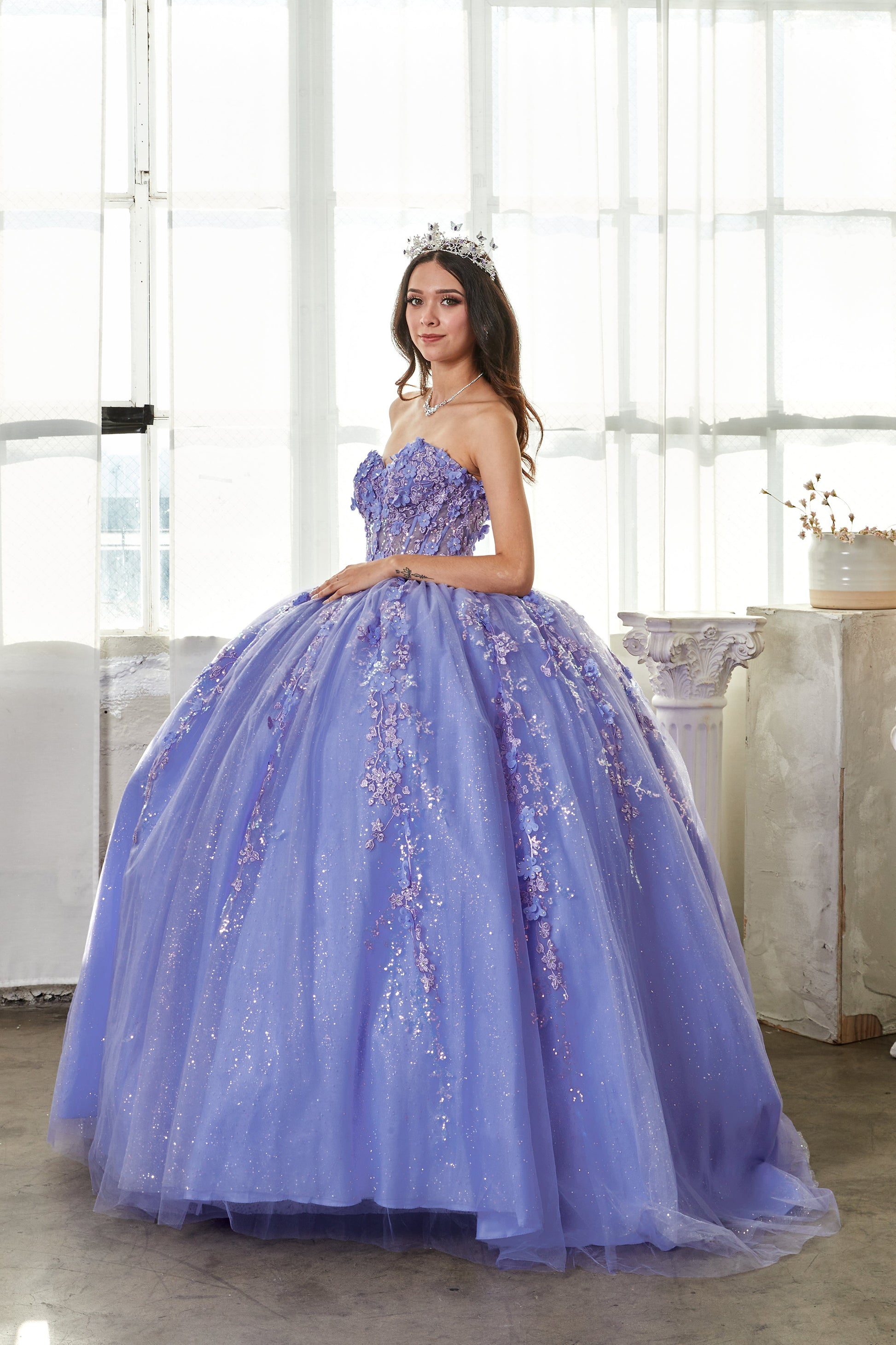 Quinceanera | Lilac Elegant Glitter Tulle Quinceañera Dress with 3D Flowers | Teresa dress | 2 Colors Available