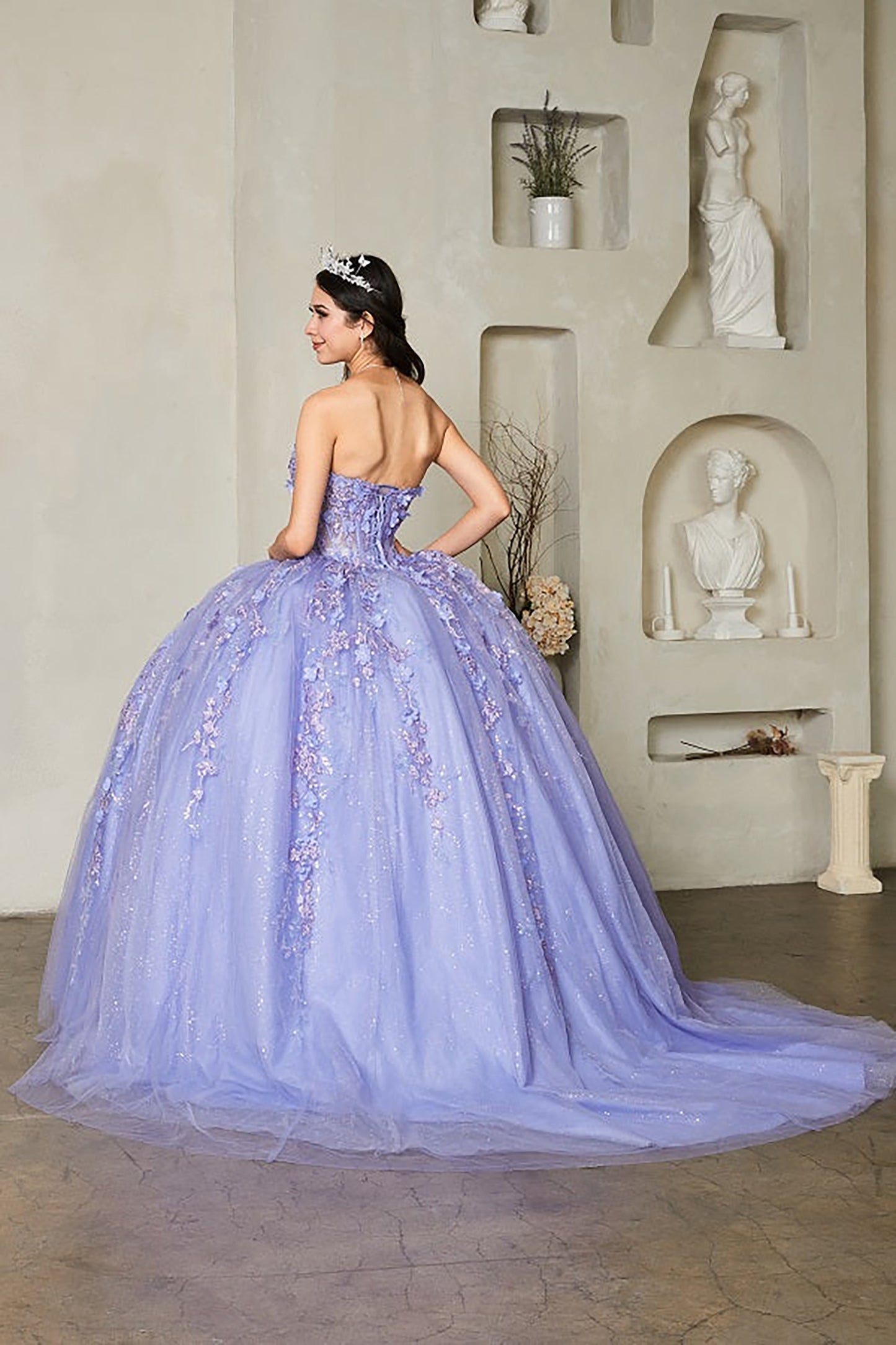 Quinceanera | Lilac Elegant Glitter Tulle Quinceañera Dress with 3D Flowers | Teresa dress | 2 Colors Available back view