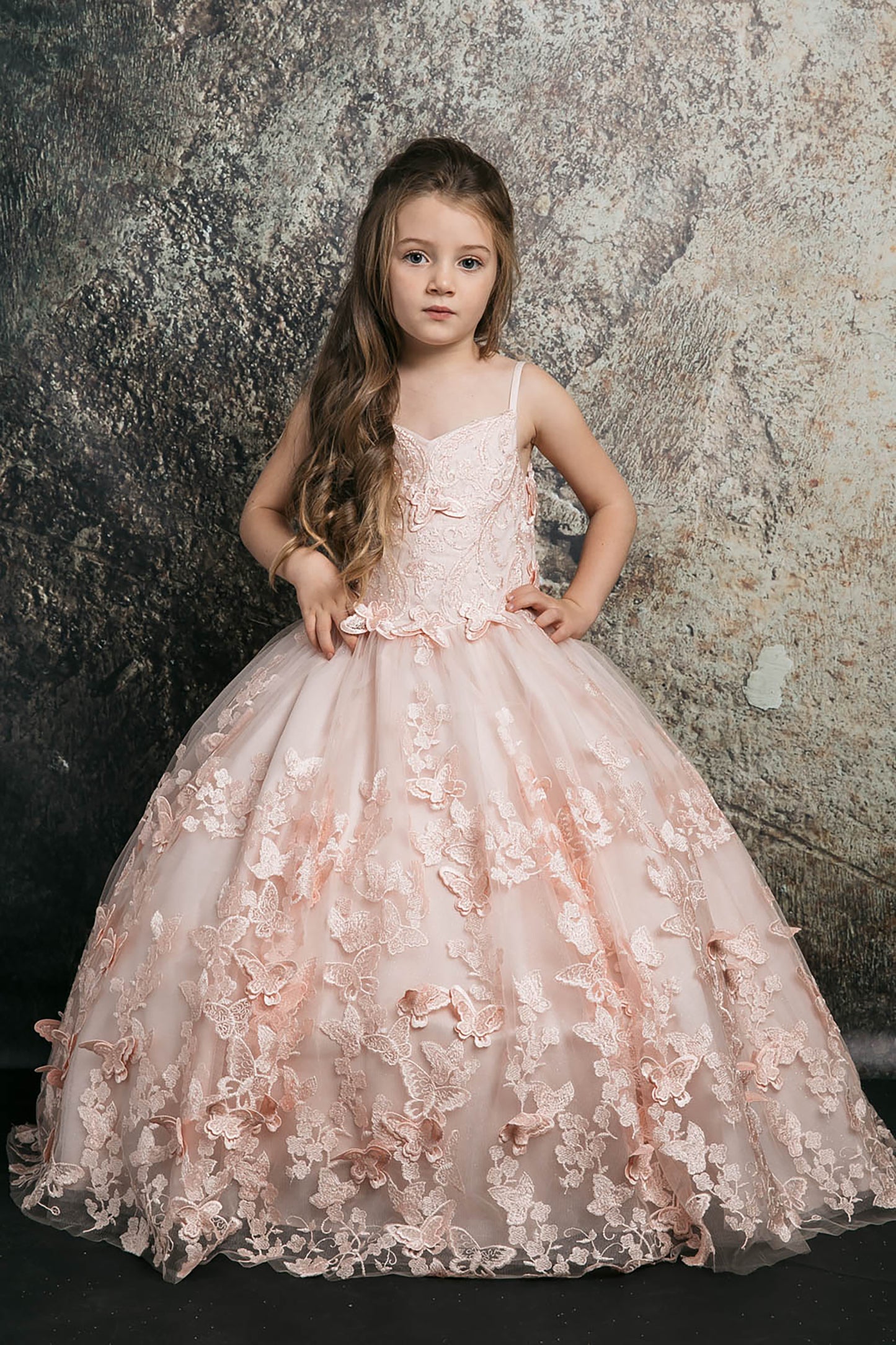 3D Butterfly Floral Off-Shoulder Mini Quinceanera Dress with Cape | 3 Anos dres - front view girl wearing dress hand on hip