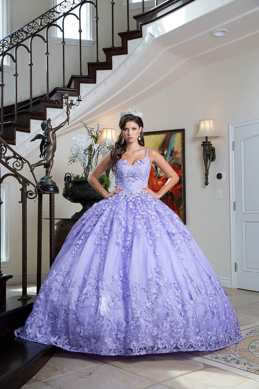 Quinceanera | Lilac 3D Butterfly Glitter Quince dress with Stunning Cape | Aida dress | 3 Colors Available front