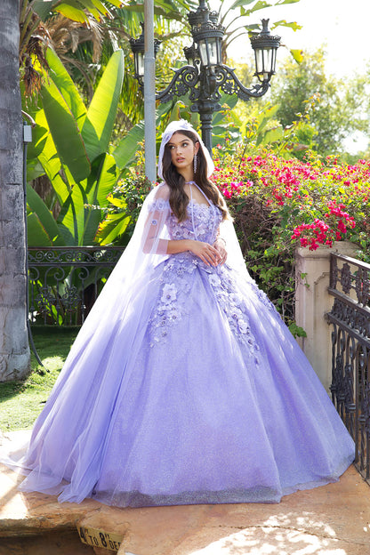 Lilac Quinceanera | 3D Floral Off-Shoulder Quince Dress without Cape | 2 Colors Available - front view of woman wearing dress looking off into the distance