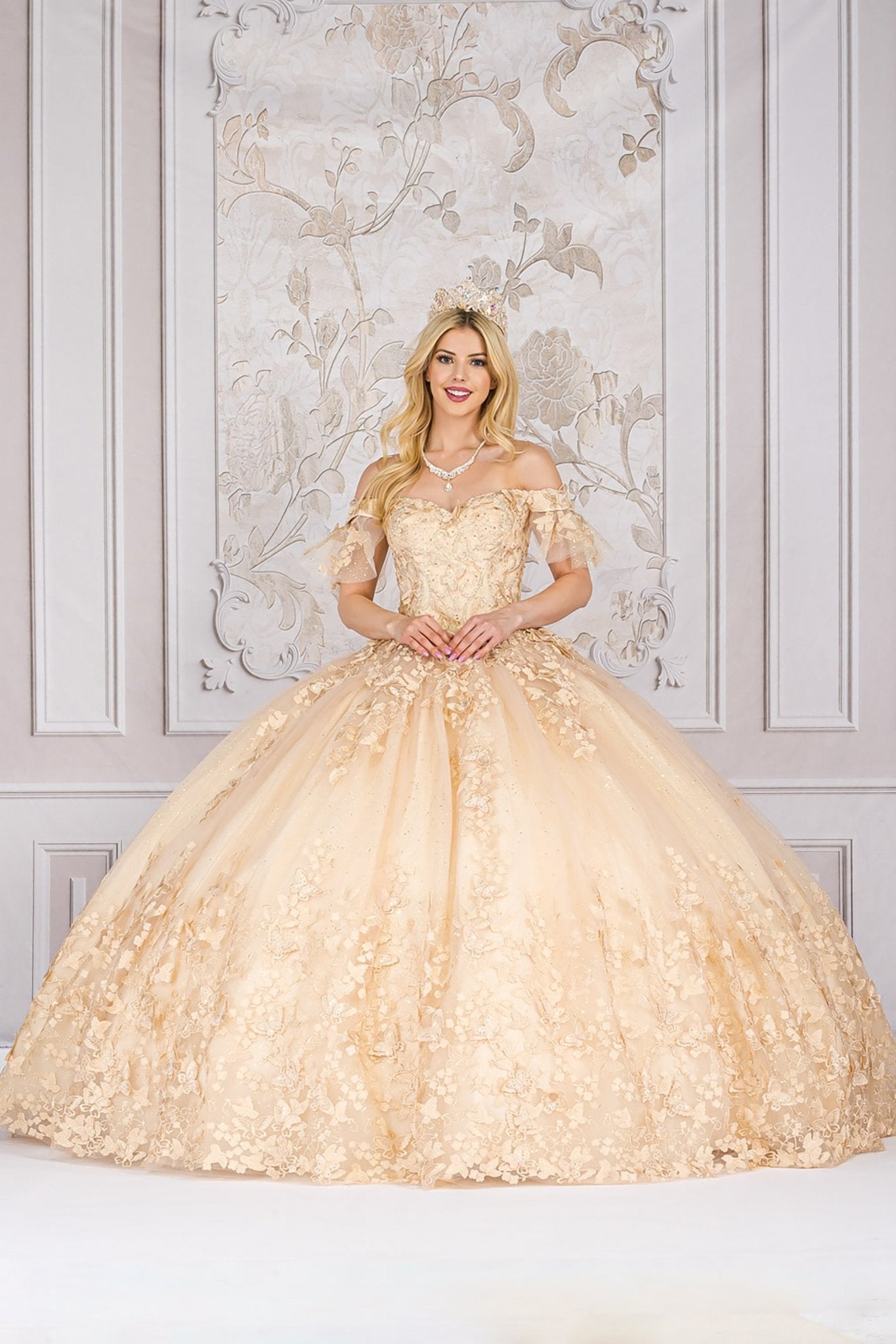 Quinceanera | Champagne Detachable Ruffle Sleeves Butterfly Sweet 15 Ballgown | Magdalena Dress front with sleeves