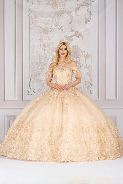 Quinceanera | Champagne Detachable Ruffle Sleeves Butterfly Sweet 15 Ballgown | Magdalena Dress front with sleeves