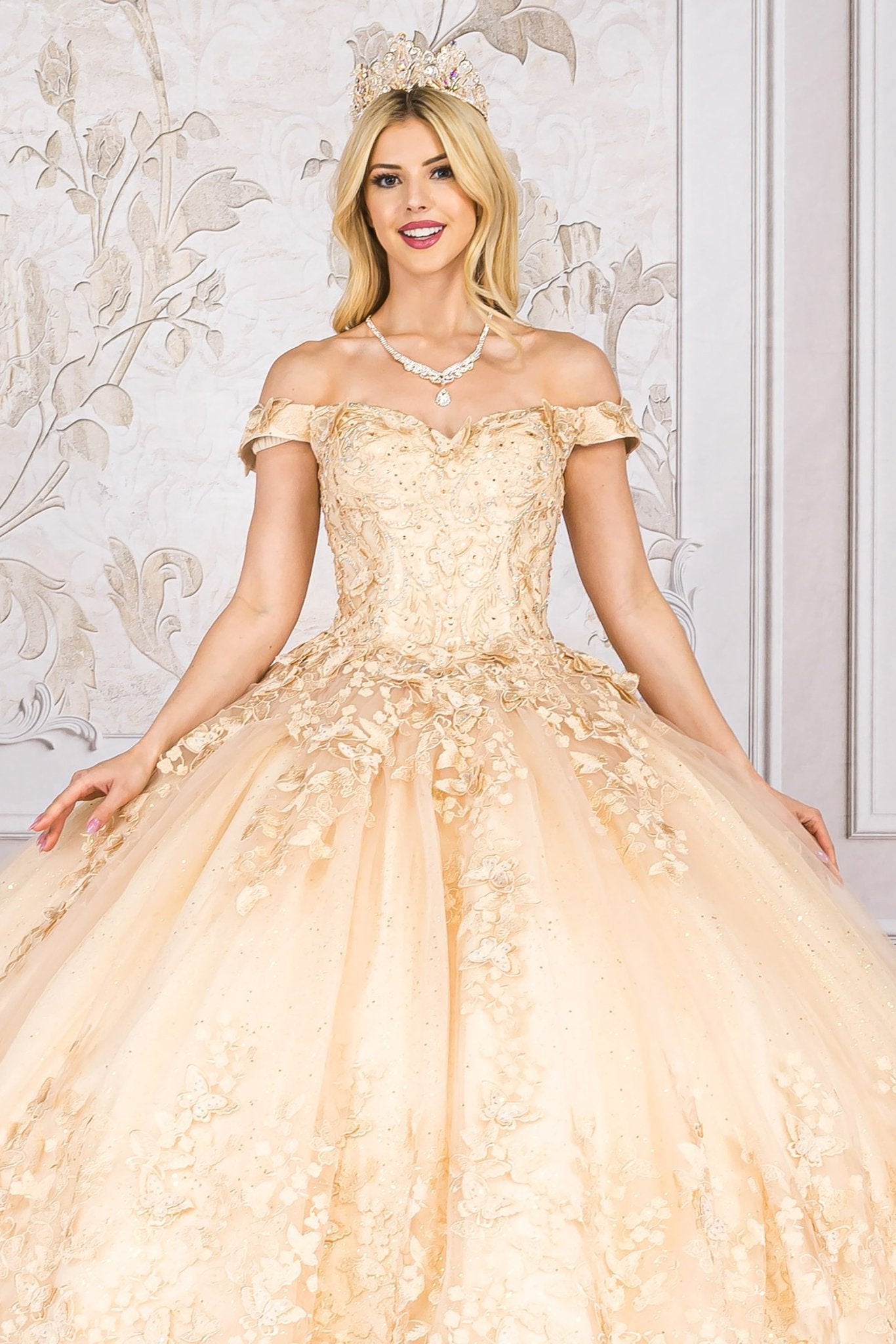 Quinceanera | Champagne Detachable Ruffle Sleeves Butterfly Sweet 15 Ballgown | Magdalena Dress front zoom without tulle sleeves