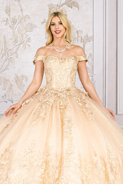 Quinceanera | Champagne Detachable Ruffle Sleeves Butterfly Sweet 15 Ballgown | Magdalena Dress front zoom without tulle sleeves