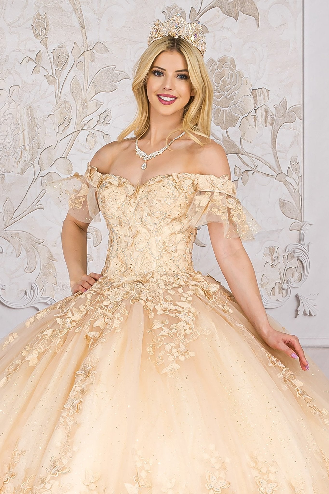 Quinceanera | Champagne Detachable Ruffle Sleeves Butterfly Sweet 15 Ballgown | Magdalena Dress front zoom with tulle sleeves