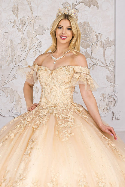 Quinceanera | Champagne Detachable Ruffle Sleeves Butterfly Sweet 15 Ballgown | Magdalena Dress front zoom with tulle sleeves