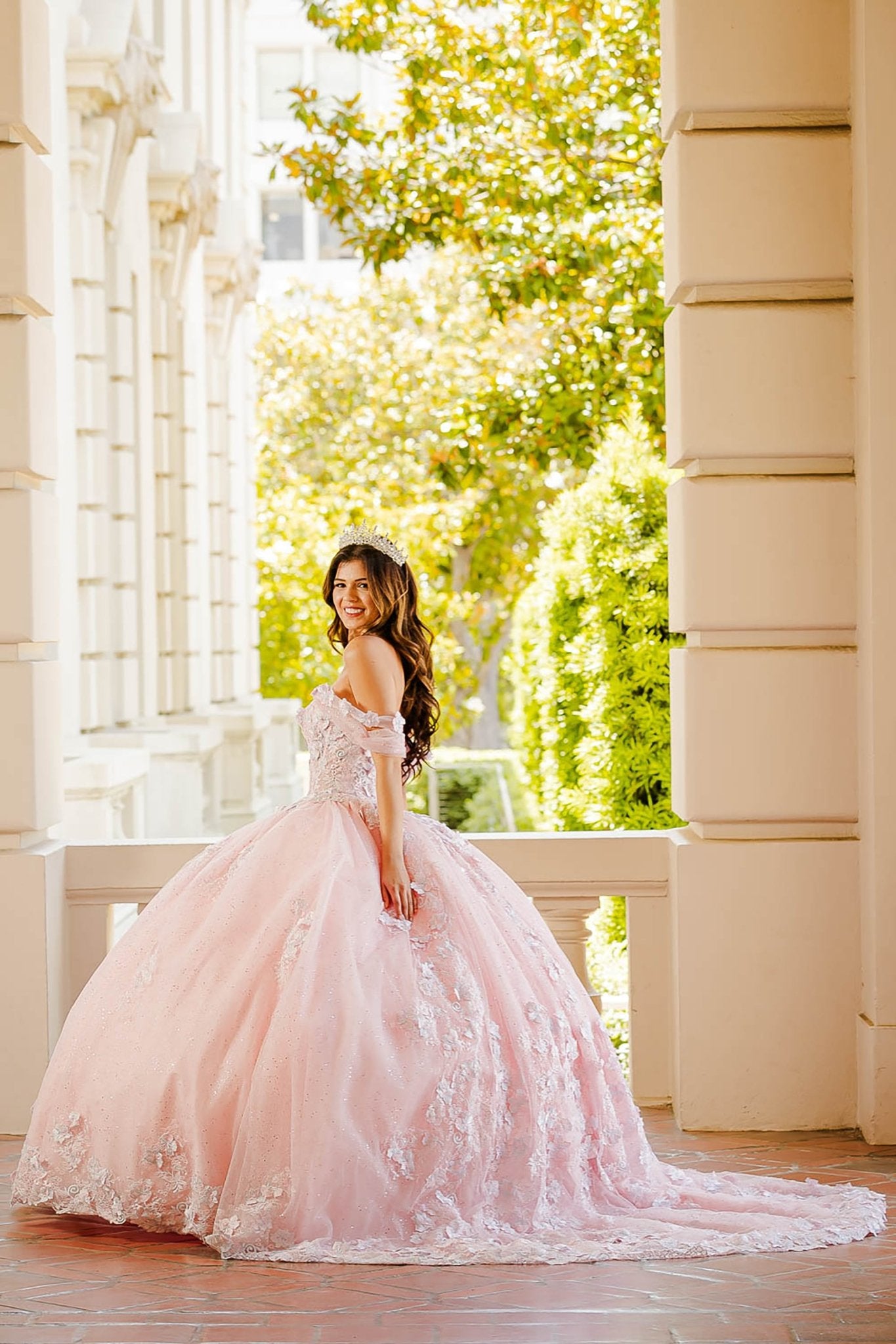 Quinceañera | Blush Two-Tone See-Through Corset Quince Dress with Detachable Sleeves | Amorah Dress | 2 Colors Available side view