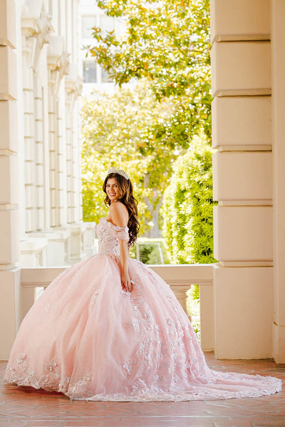 Quinceañera | Blush Two-Tone See-Through Corset Quince Dress with Detachable Sleeves | Amorah Dress | 2 Colors Available side view
