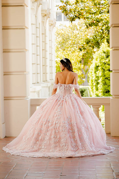 Quinceañera | Blush Two-Tone See-Through Corset Quince Dress with Detachable Sleeves | Amorah Dress | 2 Colors Available back with tiara