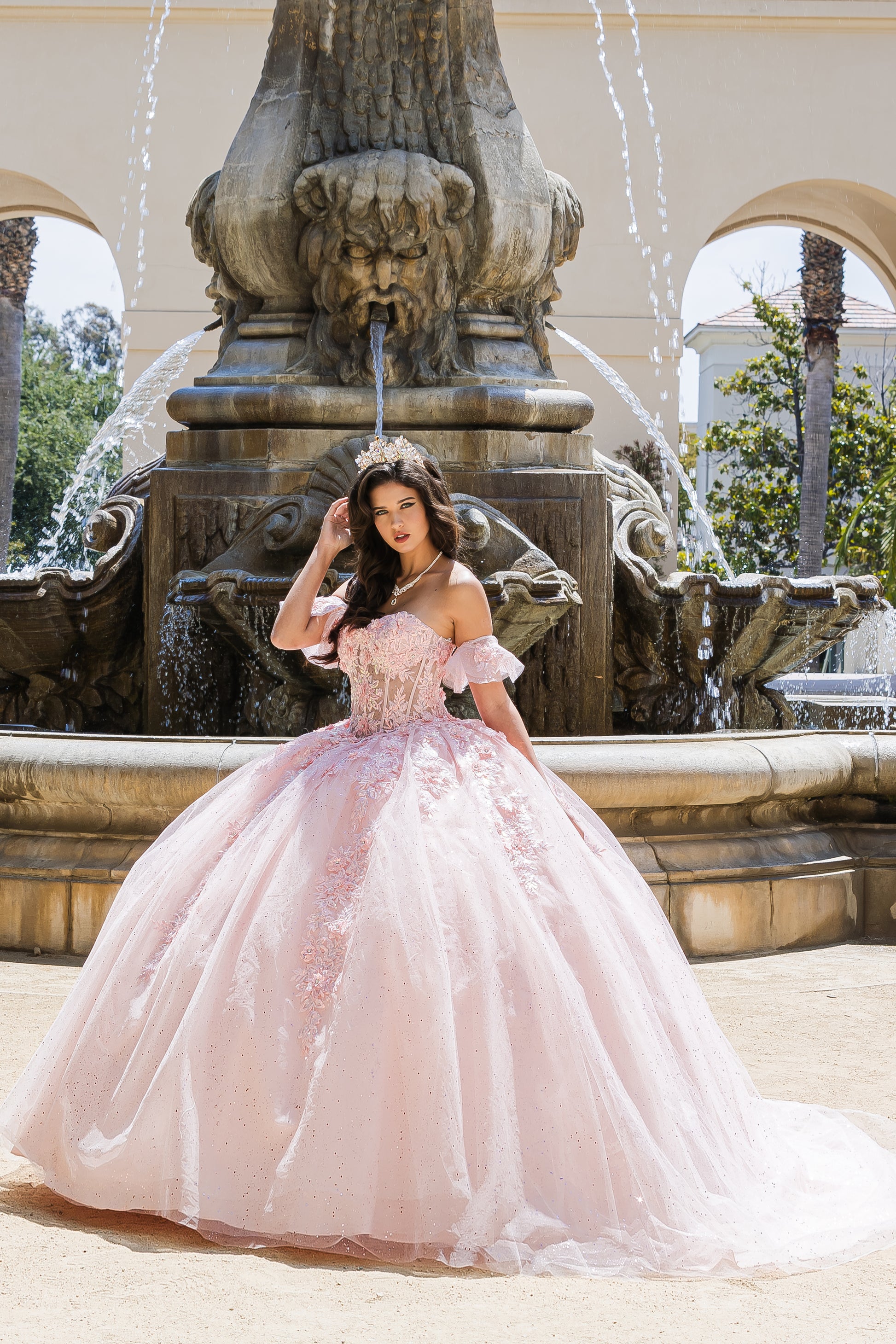 Quinceanera | Blush Sweetheart Strapless Neckline with Bodice Corset with Detachable Puffy Ruffle Sleeves BallGown | Adela dress | 2 Colors Available whole view