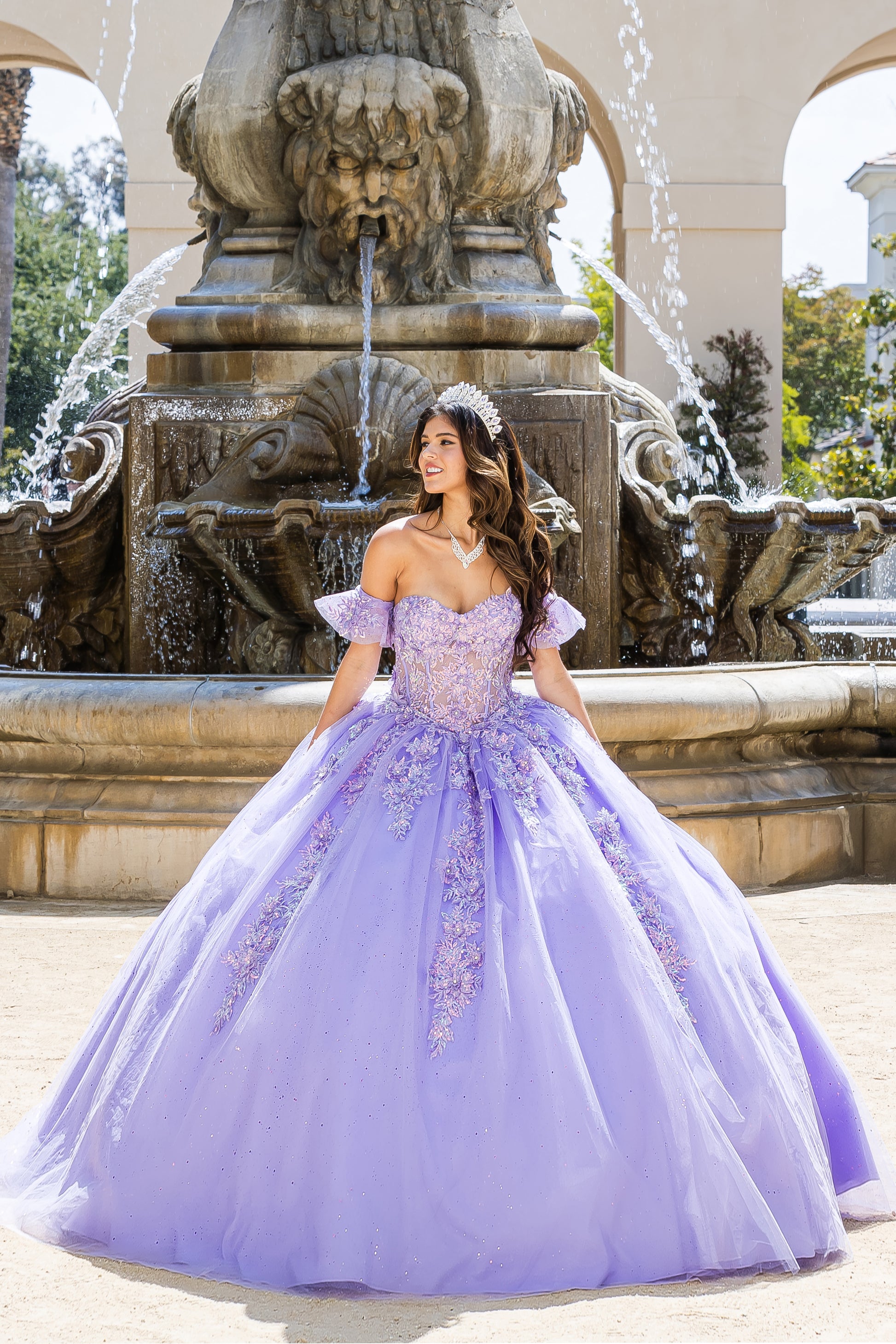 Quinceanera | Lilac Sweetheart Strapless Neckline with Bodice Corset with Detachable Puffy Ruffle Sleeves BallGown | Adela dress | 2 Colors Available whole view