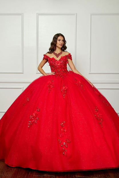 Red Long Train Off-Shoulder Sequin detail 3D Flower and Butterflies bodice with Sparkle Tulle Quince Dress - front view of woman wearing dress with one hand on her hip