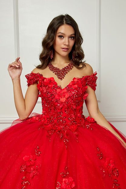 Red Long Train Off-Shoulder Sequin detail 3D Flower and Butterflies bodice with Sparkle Tulle Quince Dress - front zoomed view of woman wearing dress and red necklace