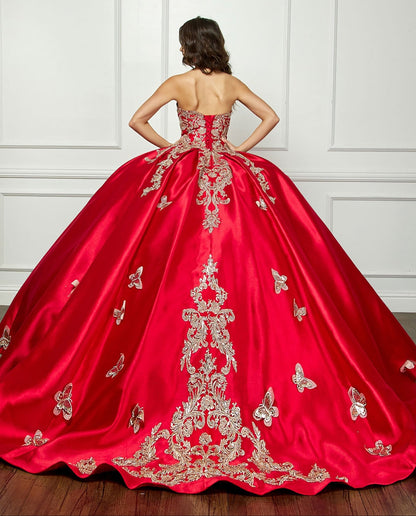 Red Gold Butterfly Accented Quince dress with Removable Pouf Arm Cuffs back view
