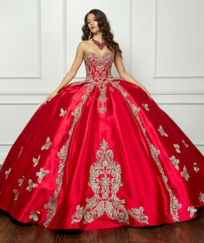 Red Gold Butterfly Accented Quince dress with Removable Pouf Arm Cuffs front view