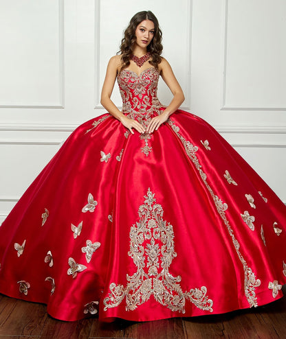 Red Gold Butterfly Accented Quince dress with Removable Pouf Arm Cuffs front without puffs