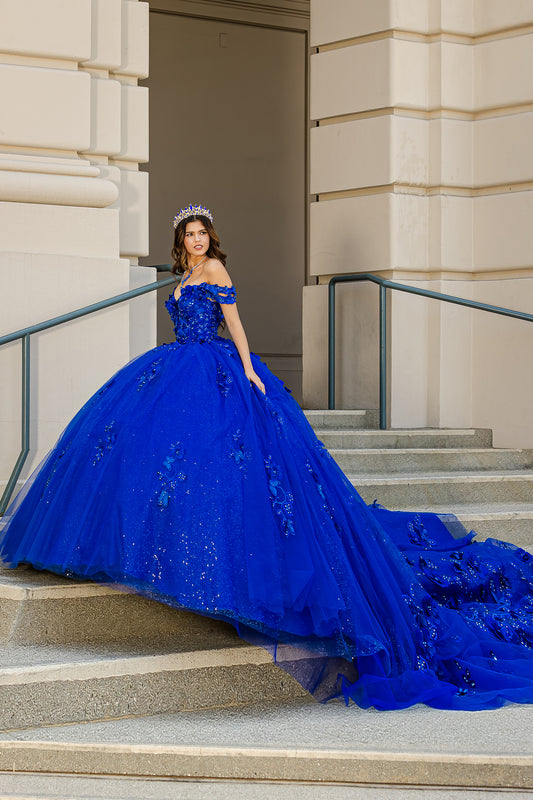 Blue Long Train Off-Shoulder Sequin detail 3D Flower and Butterflies bodice with Sparkle Tulle Quince Dress - side view of woman wearing dress and crown standing on steps