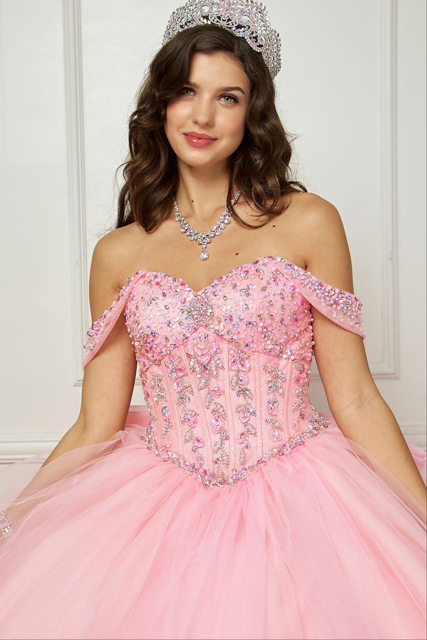 Quinceañera | Pink Glittering Tulle Layers, Off-shoulder Bodice adornments, and a detachable bow | 3 Colors Available | Andrea dress front zoom