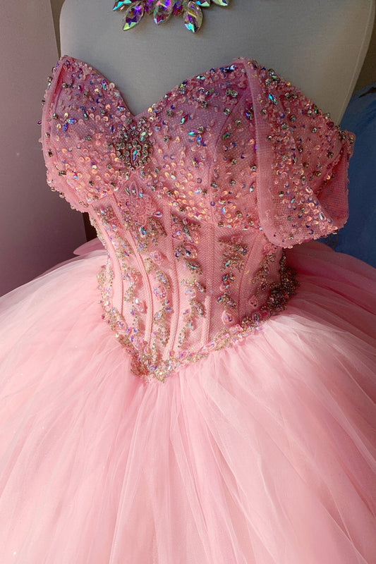 Pink Glittering Tulle Layers, Off-Shoulder Bodice with Adornments and Detachable Bow | Andrea dress detail zoom