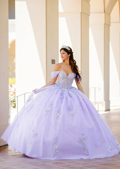 Quinceanera | Lilac Two-Tone See-Through Shimmering Sequins and 3D flowers Bodice Ballgown - full front view of woman wearing dress and crown with hands at her sides