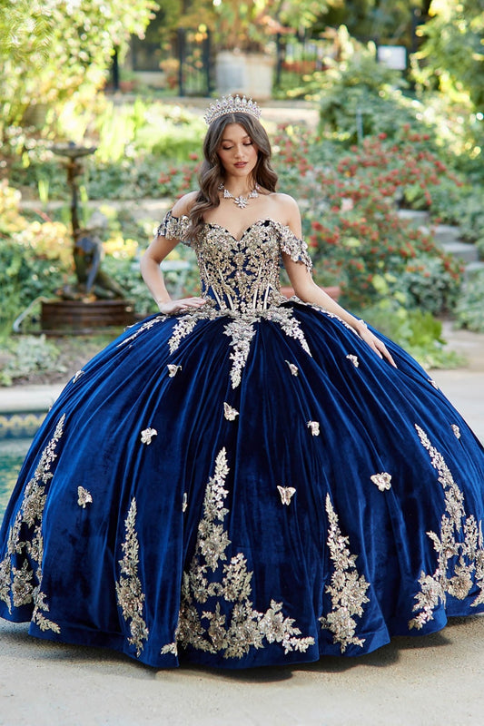 Woman in a navy and gold 3d buttfly appliques ball gown with floral details in an outdoor setting.