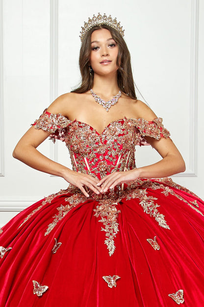 Zoomed in front view of woman wearing a red quince dress and crown. showing Off-shoulder Velvet Sweetheart Gold Sequin sequin butterfly floral on top of the dress.