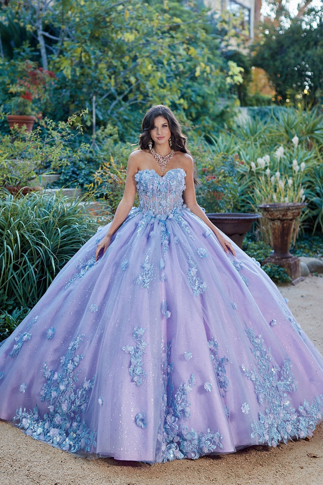 Lilac Two-Tone Quinceañera Dress with Puff Sleeves Cape M / Lilac