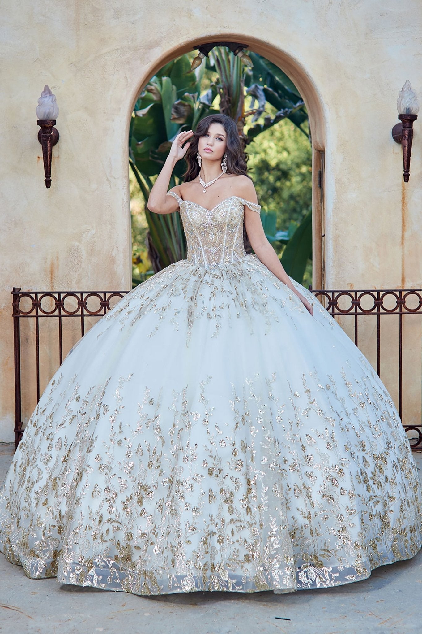 Ivory Gold Detachable Train With Stones and Gems See-through Bodice Quince Ball Gown front view without long sleeves