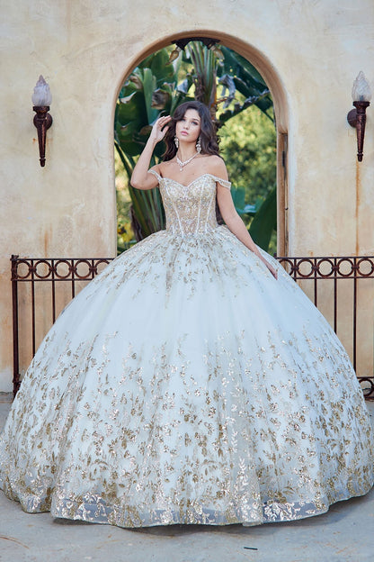 Ivory Gold Detachable Train With Stones and Gems See-through Bodice Quince Ball Gown front view without long sleeves