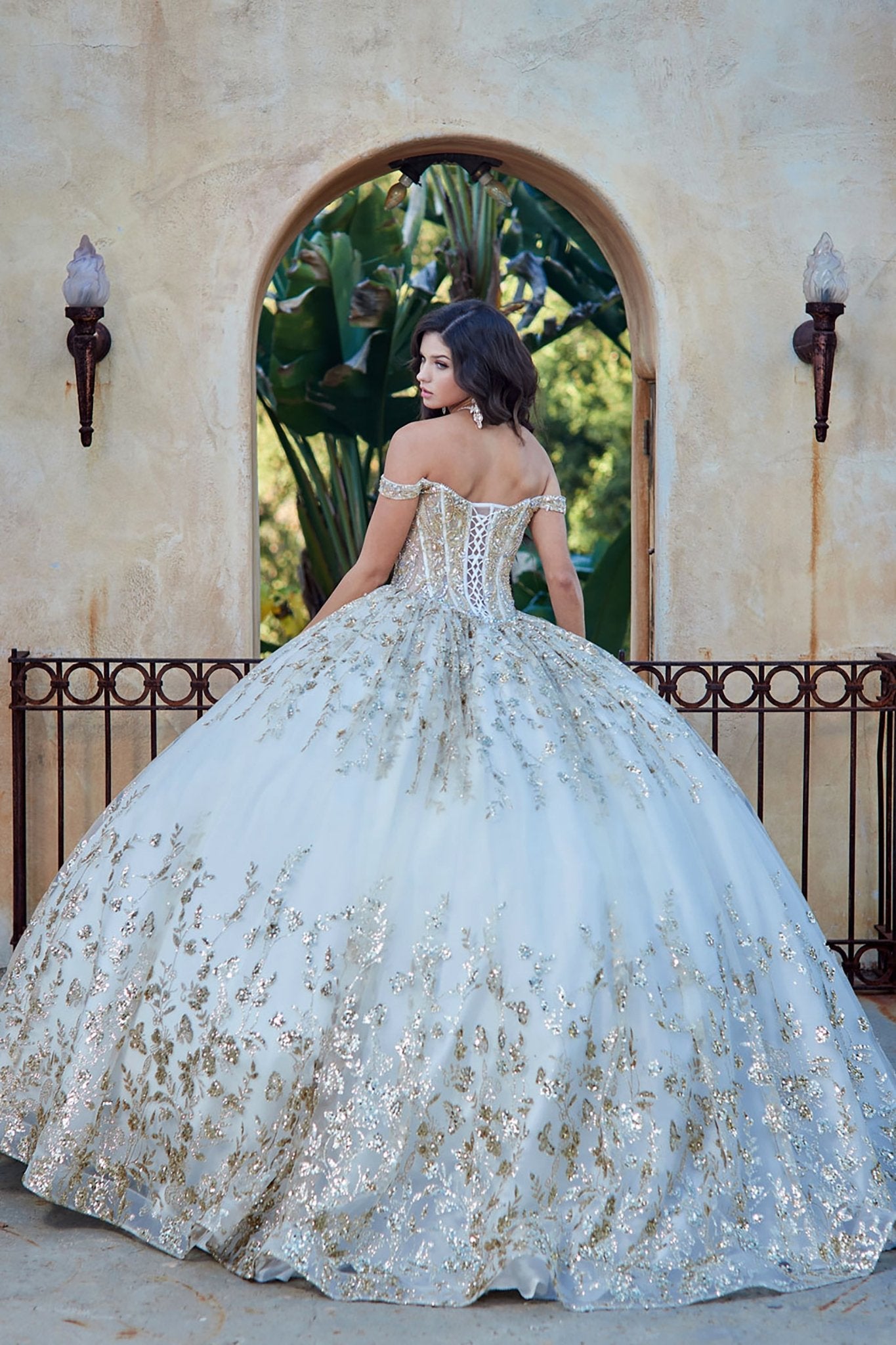 Ivory Gold Detachable Train With Stones and Gems See-through Bodice Quince Ball Gown back view