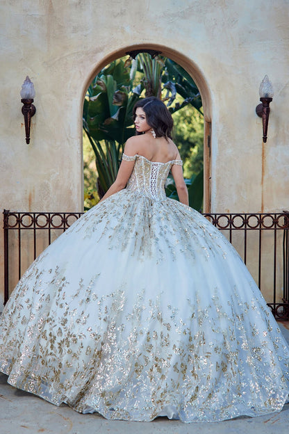 Ivory Gold Detachable Train With Stones and Gems See-through Bodice Quince Ball Gown back view