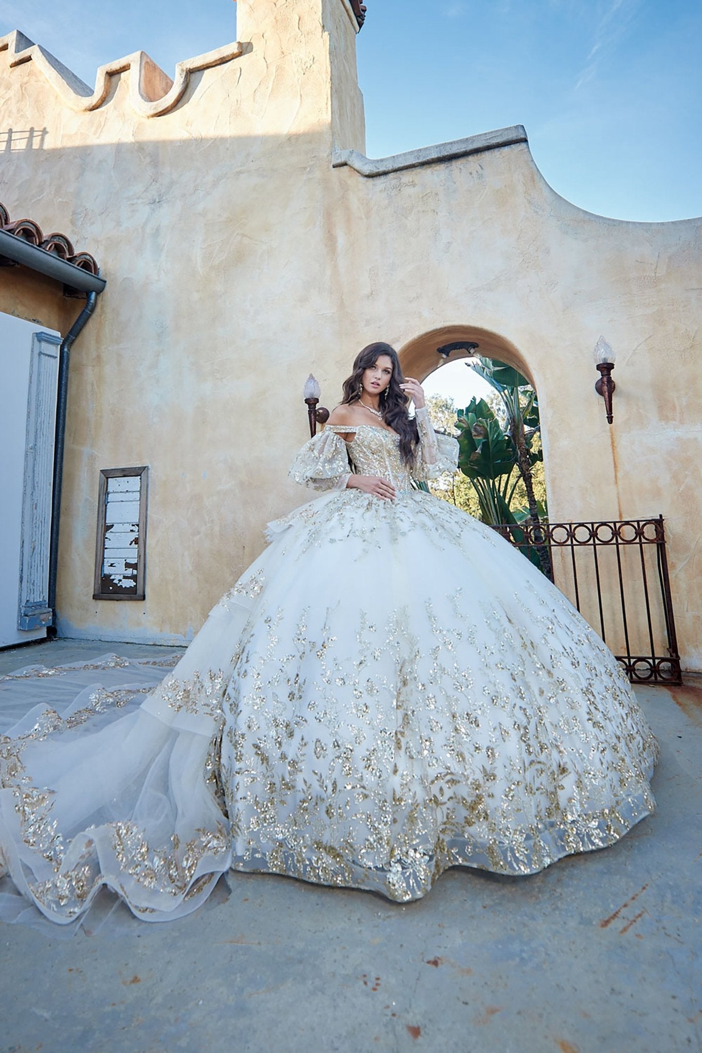 Ivory Gold Detachable Train With Stones and Gems See-through Bodice Quince Ball Gown front zoom out
