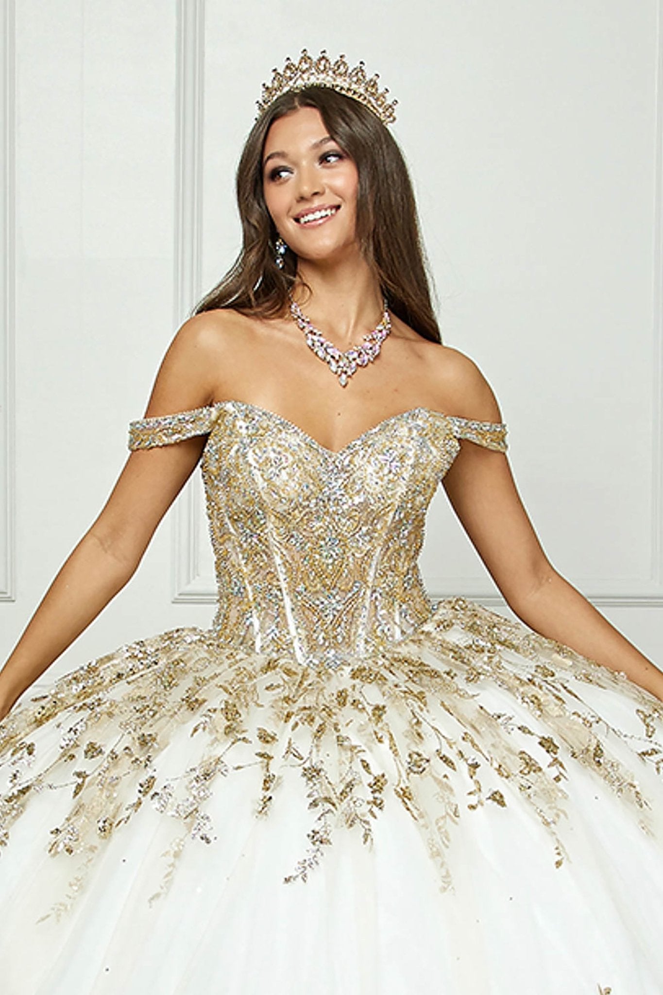 ivory and gold dress Ivory Gold Quinceañera Dress with Detachable Sleeves Train L / Ivory