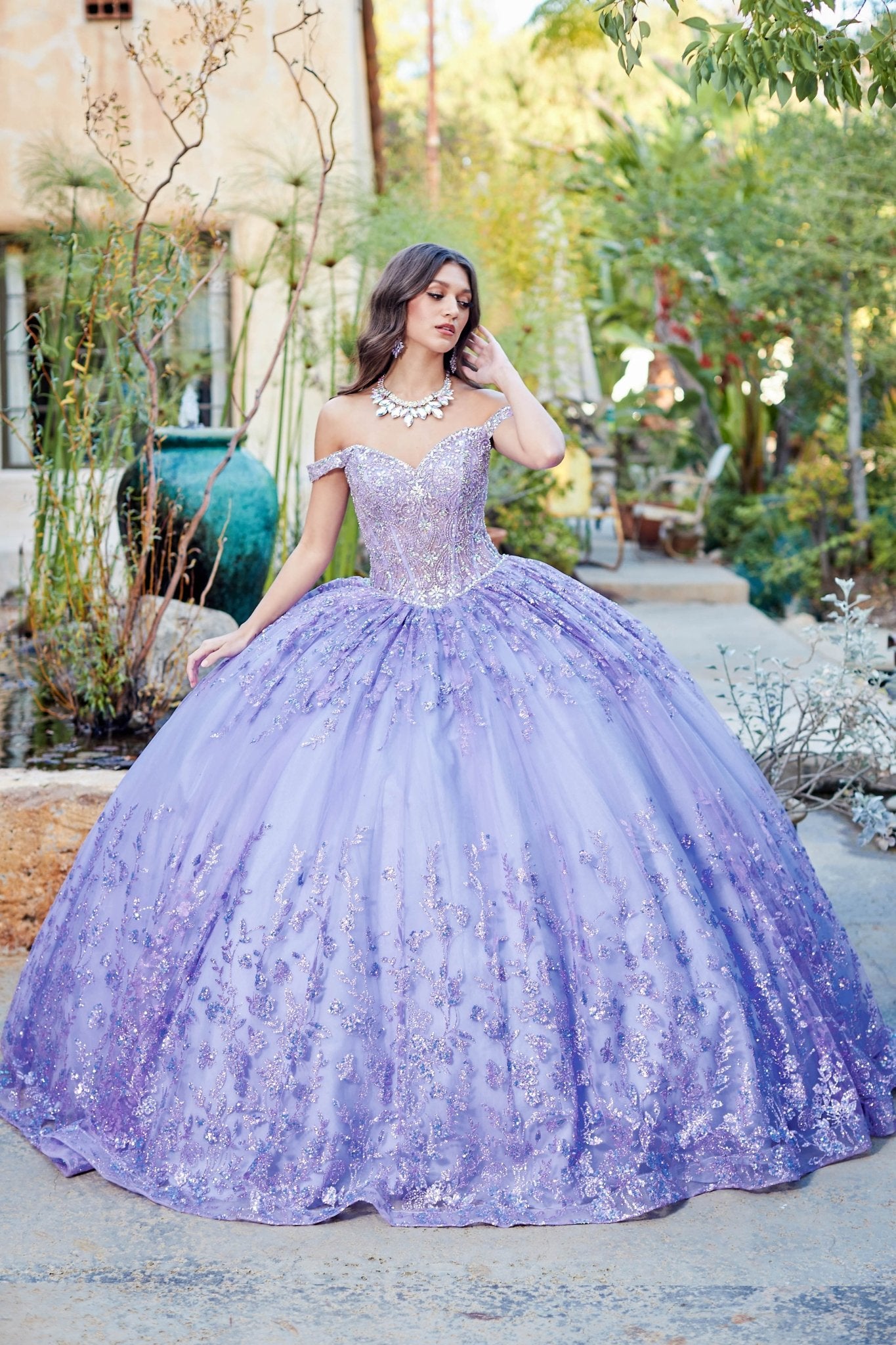Lilac Detachable Train With Stones and Gems See-through Bodice Quince Ball Gown front view with no sleeves outside