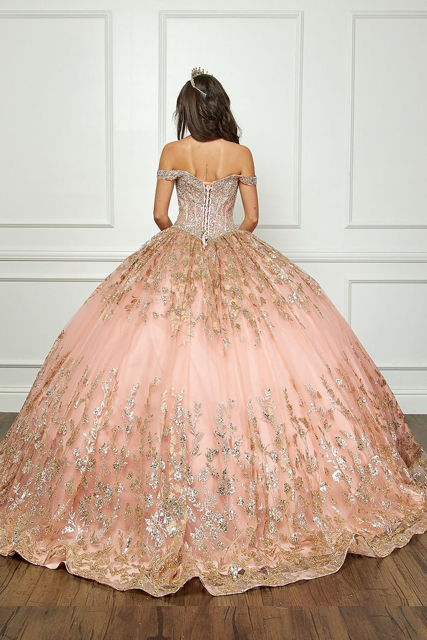 Rose Gold Detachable Train With Stones and Gems See-through Bodice Quince Ball Gown back view