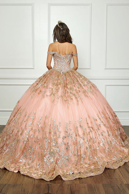 Rose Gold Detachable Train With Stones and Gems See-through Bodice Quince Ball Gown back view